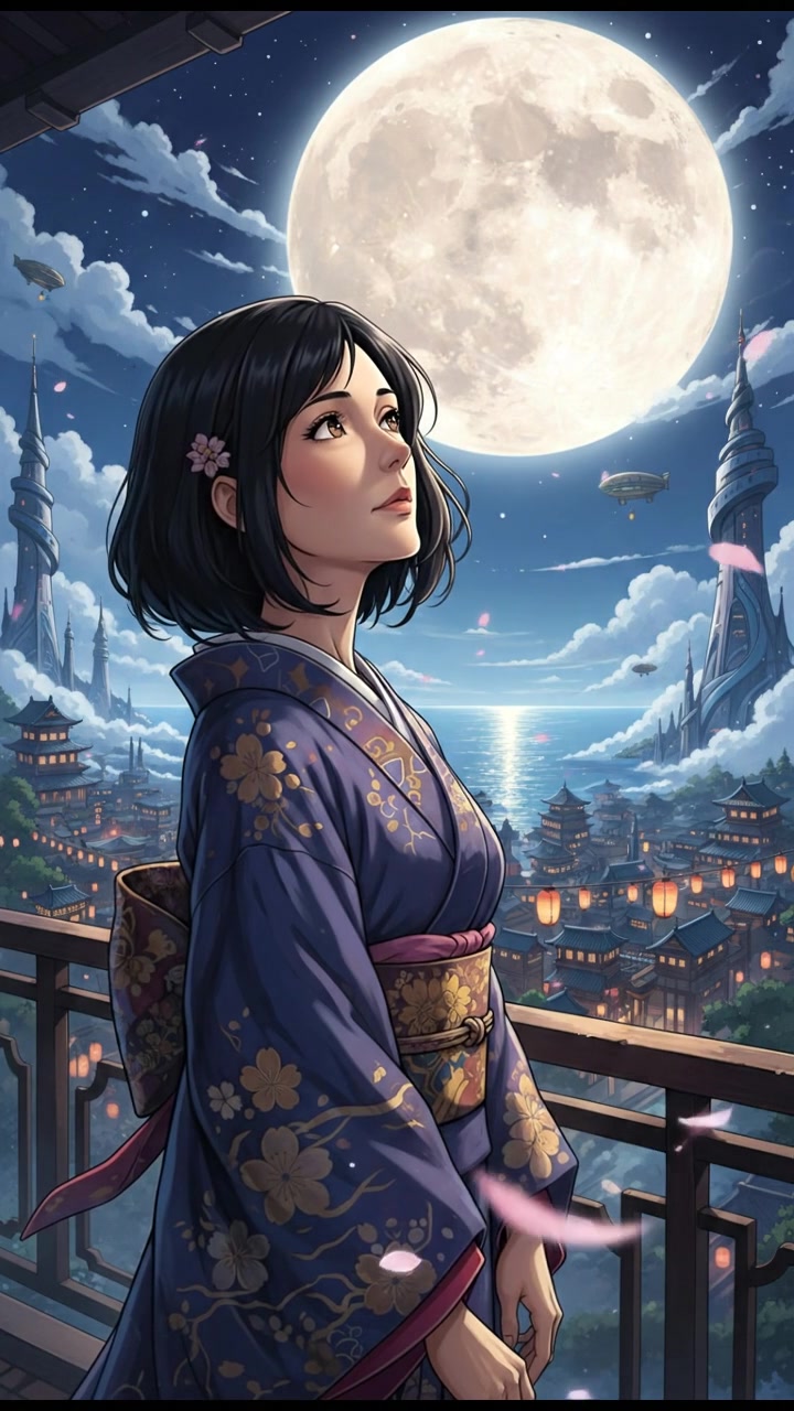 Li standing on a balcony, gazing at the moon with a thoughtful expression.