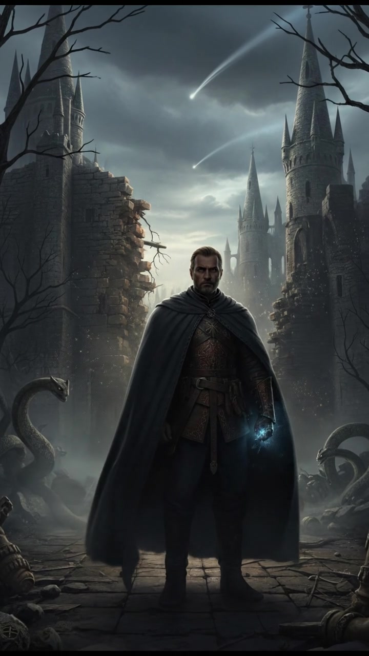 A darkened scene with the silhouette of Omar standing alone, surrounded by shadows and dust.