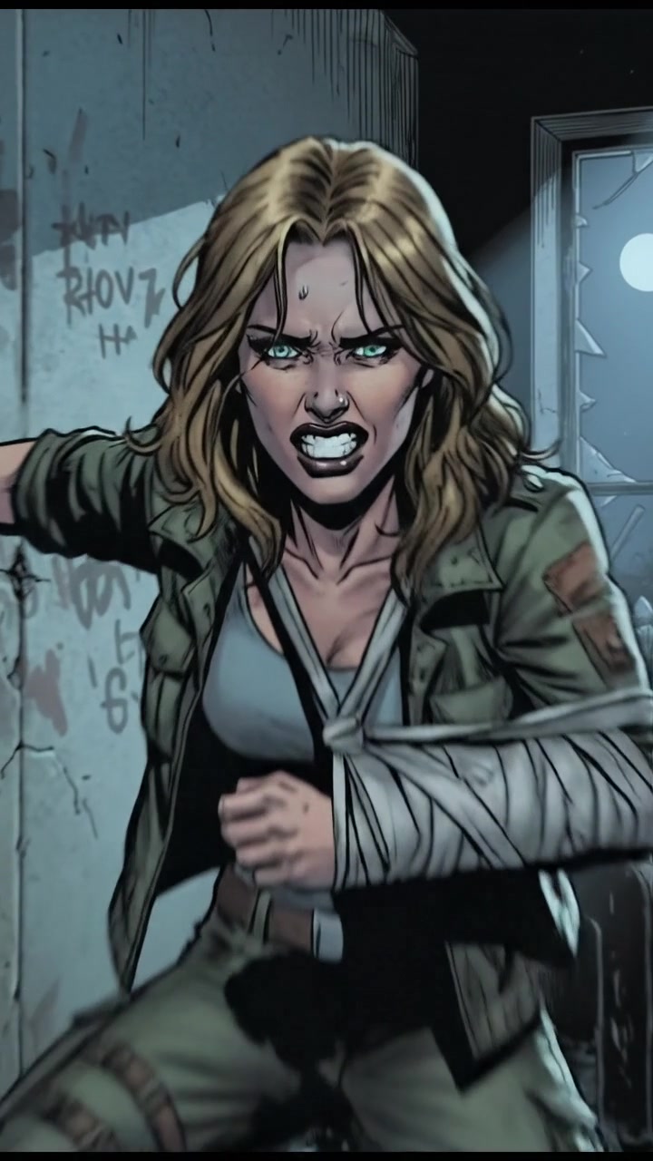 Ashley struggling to stand up in a dimly lit room, her face showing determination despite her pain.