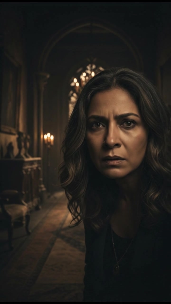 A close-up of Asha looking worried, peering into the shadows of the mansion.