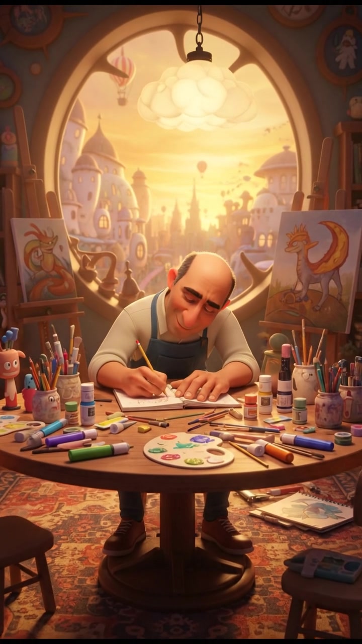 Carlos sitting at a table, sketching in his sketchbook, surrounded by colorful art supplies.