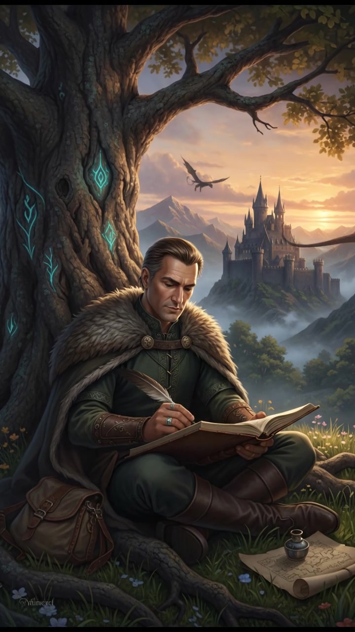 An outdoor scene showing Omar sitting under a tree, writing notes in a journal.