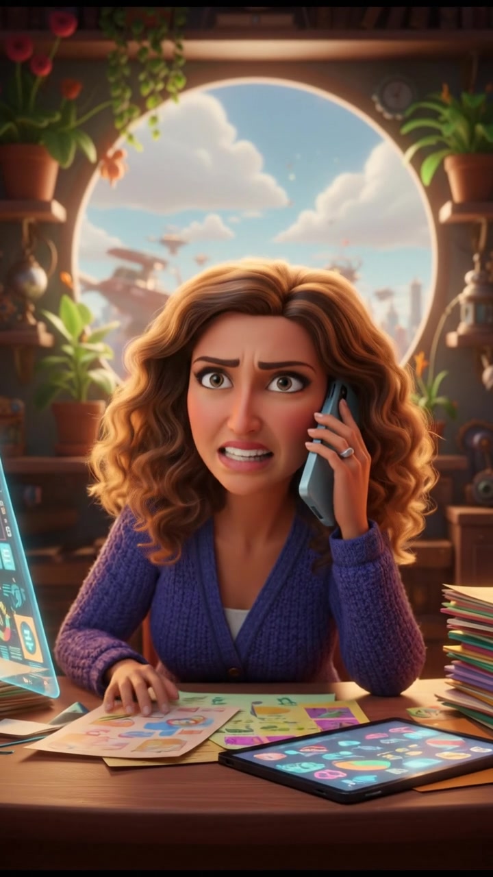 Dolores sitting at her desk on a phone call, looking stressed with documents in front of her.