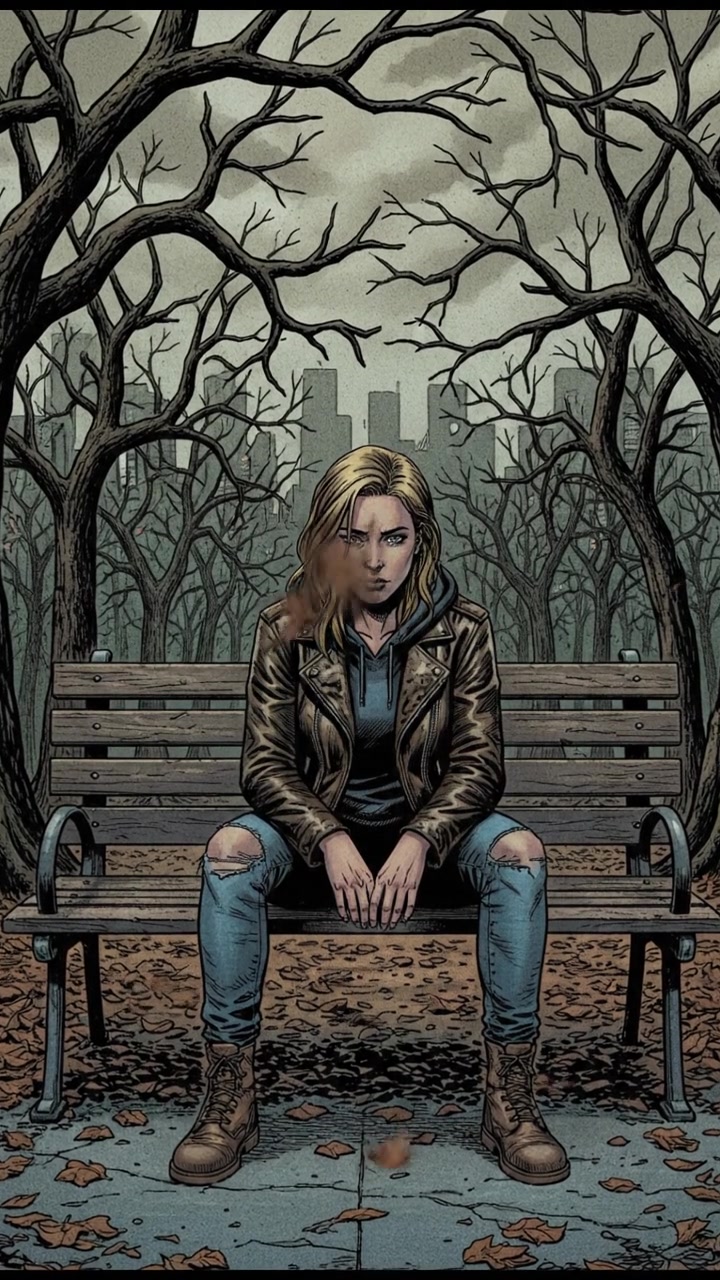 Ashley sitting on a bench in a park, looking thoughtful with trees around her.