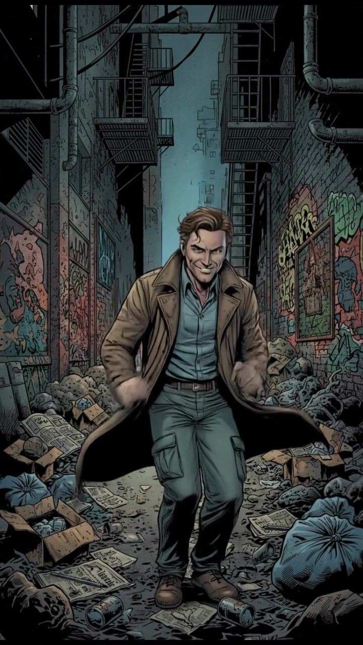 Mark, with a mischievous expression, is standing in a chaotic alley surrounded by graffiti and discarded trash.