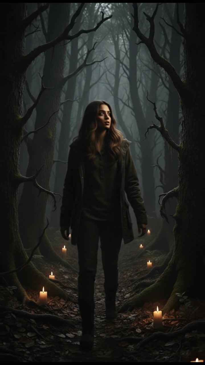 Priya standing in a dark forest at night, looking around, her face tense and eyes wide.