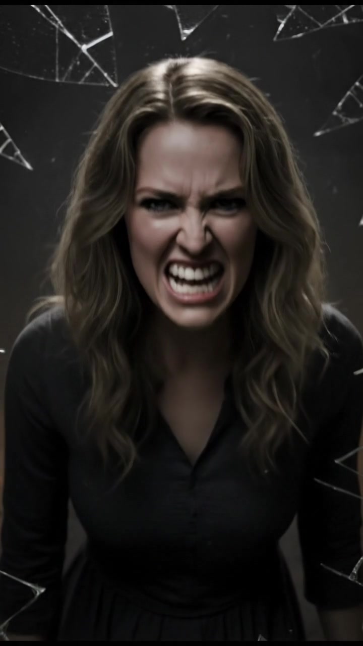 Ashley stands in a dimly lit room, looking angrily at herself in a cracked mirror.