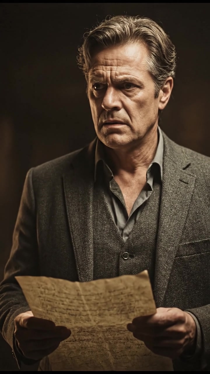 Mark standing in a dimly lit room with a tense expression, holding a document in his hands.