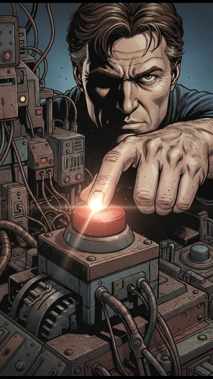 A close-up of Mark's hand pressing a large red button on the machine.