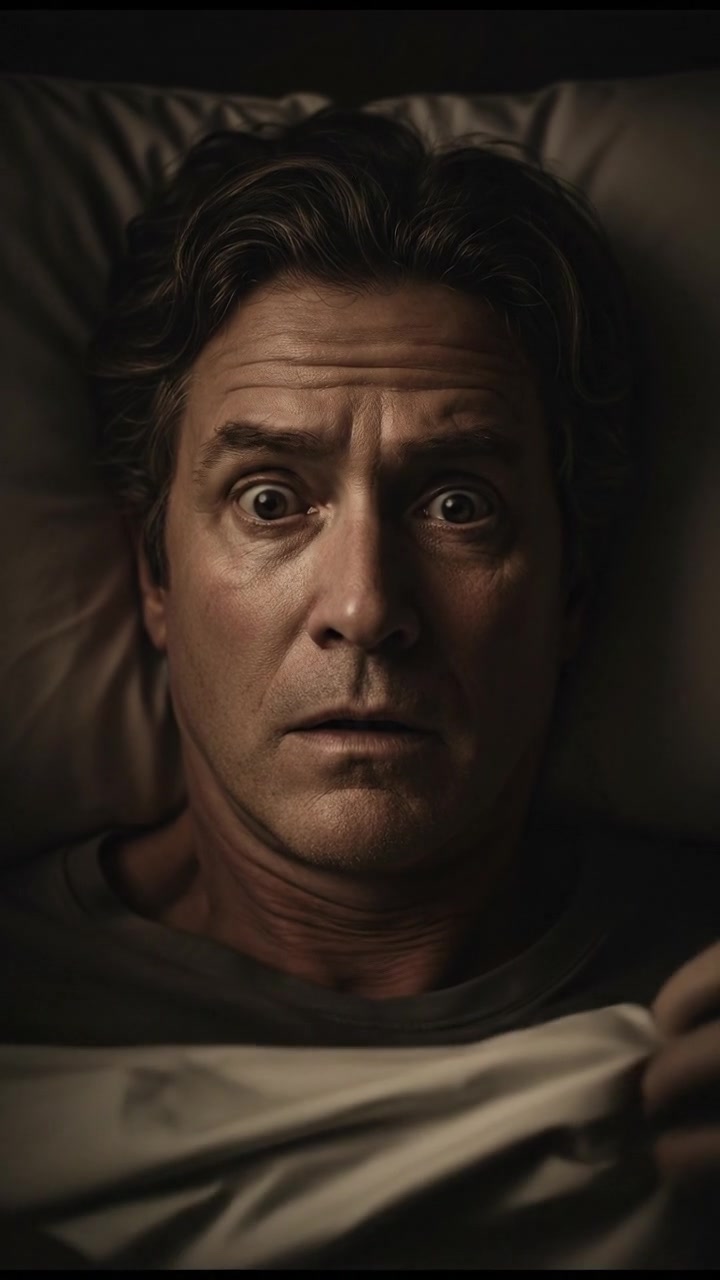 A close-up of Mark's face, looking bewildered in bed, with dark shadows highlighting his features.