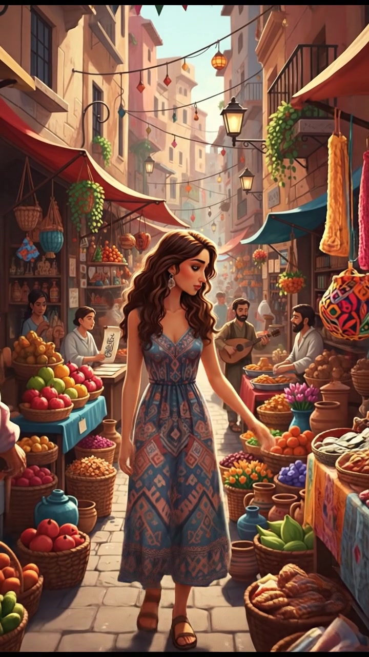 Maya walking through a vibrant city market, looking at various stalls with products and services.