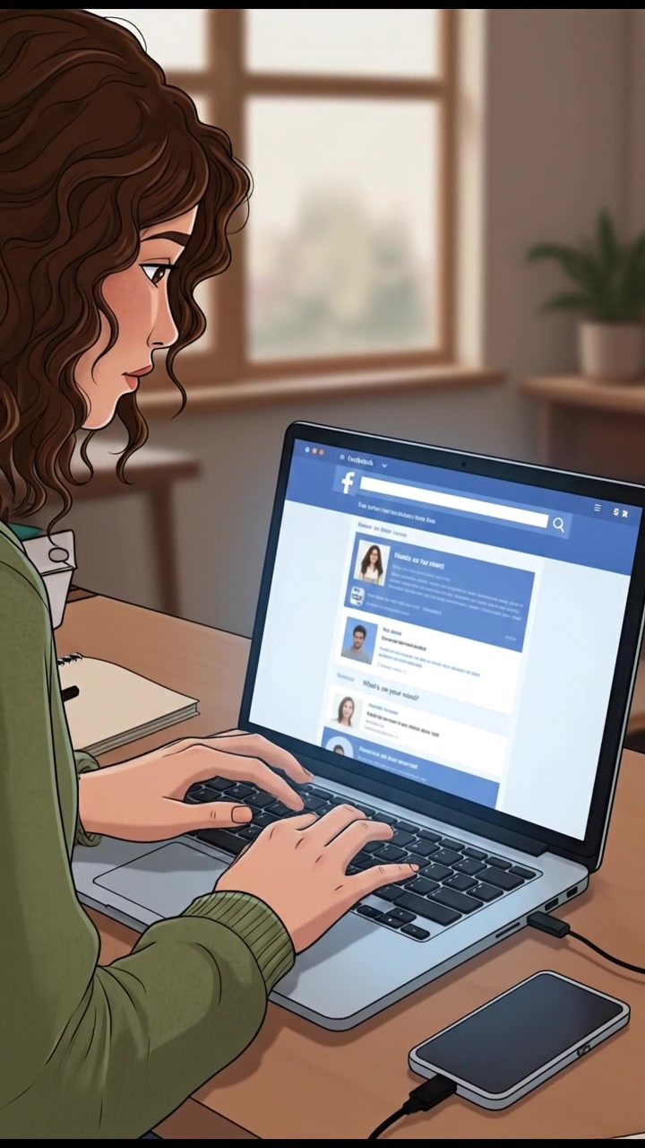A close-up of Maya's hands typing on a laptop, with the Facebook homepage visible on the screen.