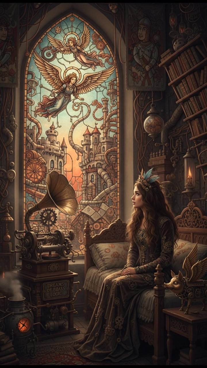 A darkened room with dim light, showing Maya sitting on her bed, looking thoughtful while glancing towards the window.