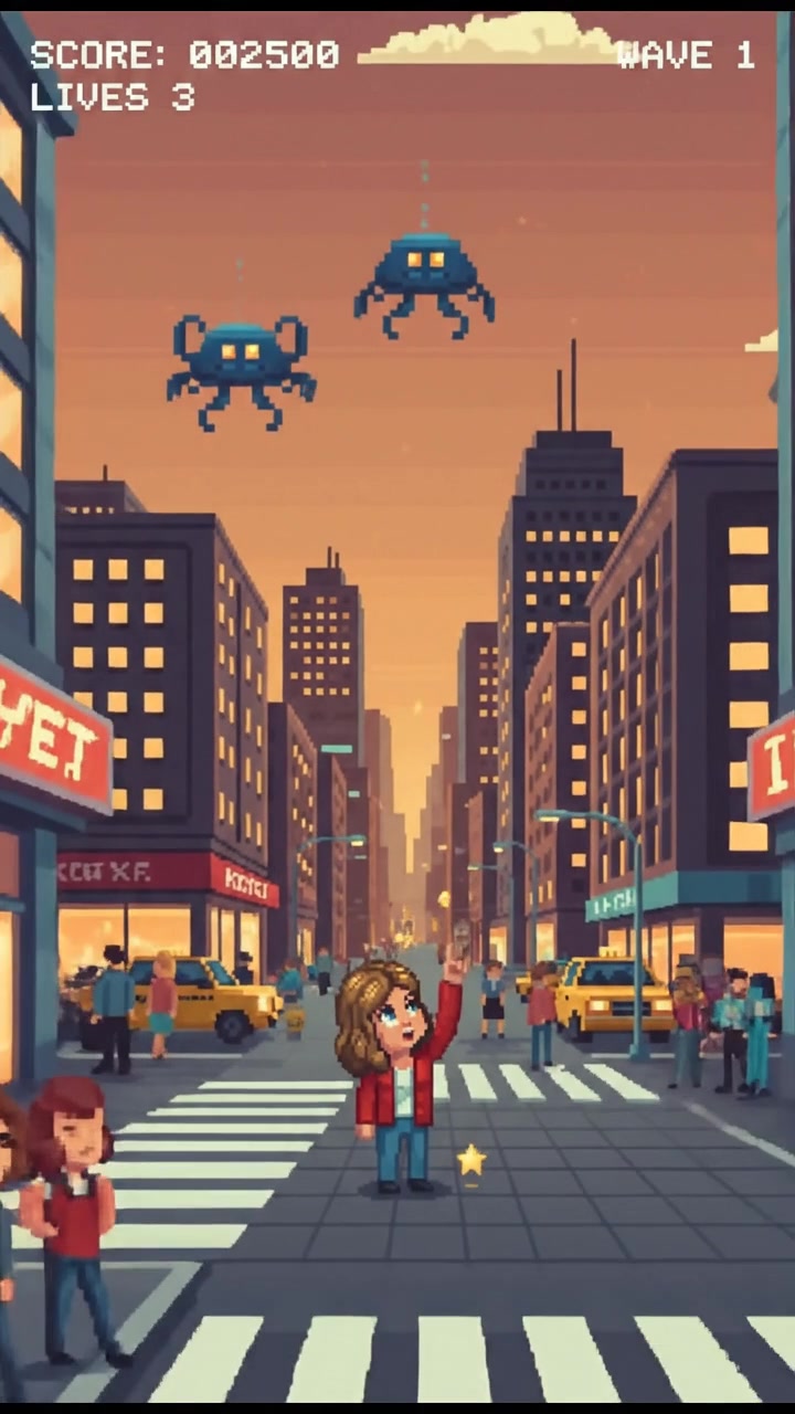 A bustling city street with Ashley standing at the corner, looking up as if in anticipation.