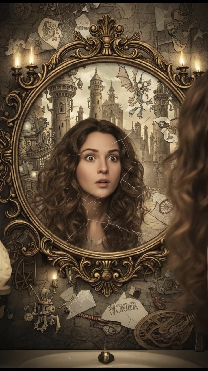 A close-up of a mirror reflecting Maya's surprised expression, with soft lighting highlighting her brown, loose curls.