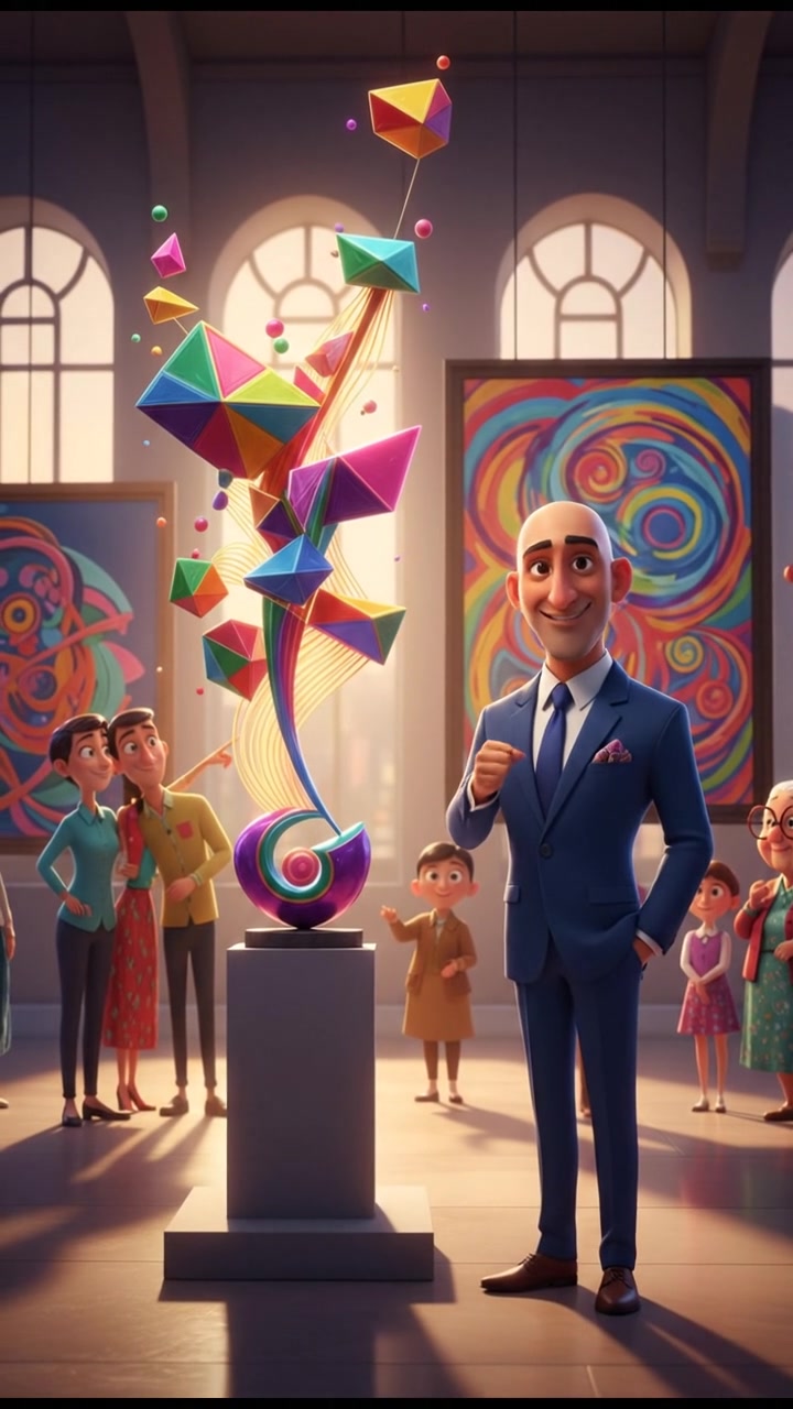 Carlos standing proudly next to his artwork on display, with visitors admiring the pieces in the background.