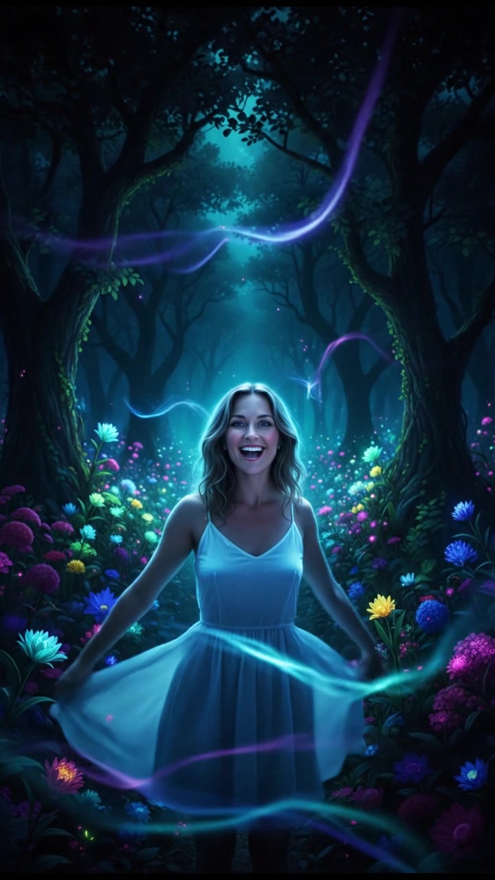 Ashley smiling brightly in a sunny park, surrounded by flowers and trees.