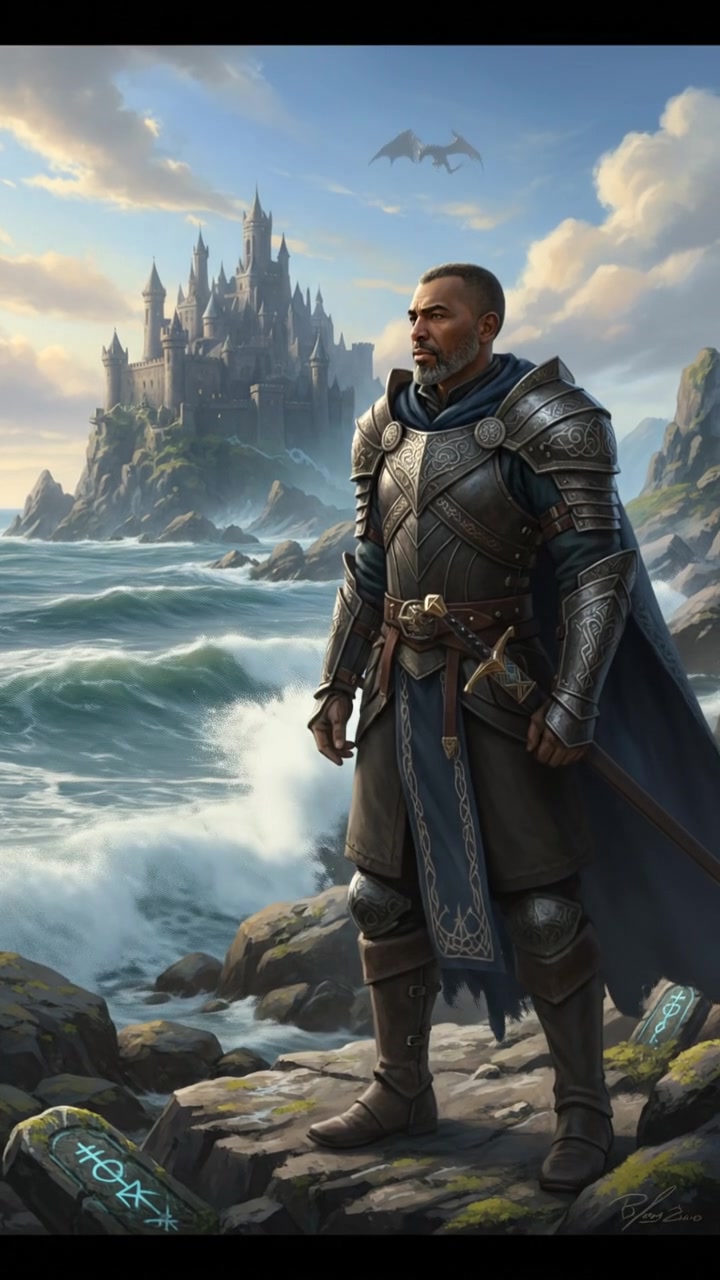 The Kwame stands on a rocky shore, gazing at the ocean waves under a clear blue sky.