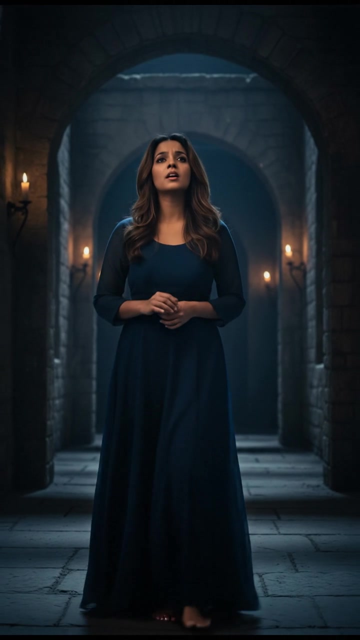 Priya is standing in a dimly lit hallway, counting steps with a focused expression.