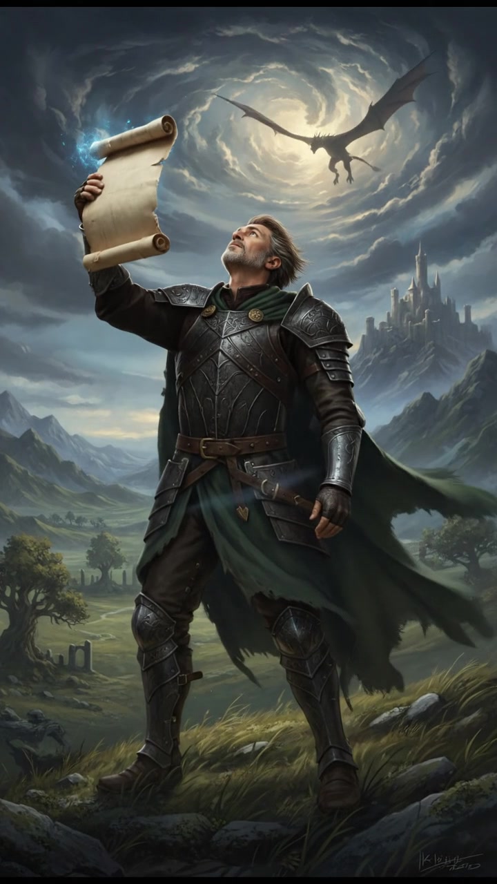 Omar standing on a windswept hill, looking up towards a dramatic sky, holding a scroll.
