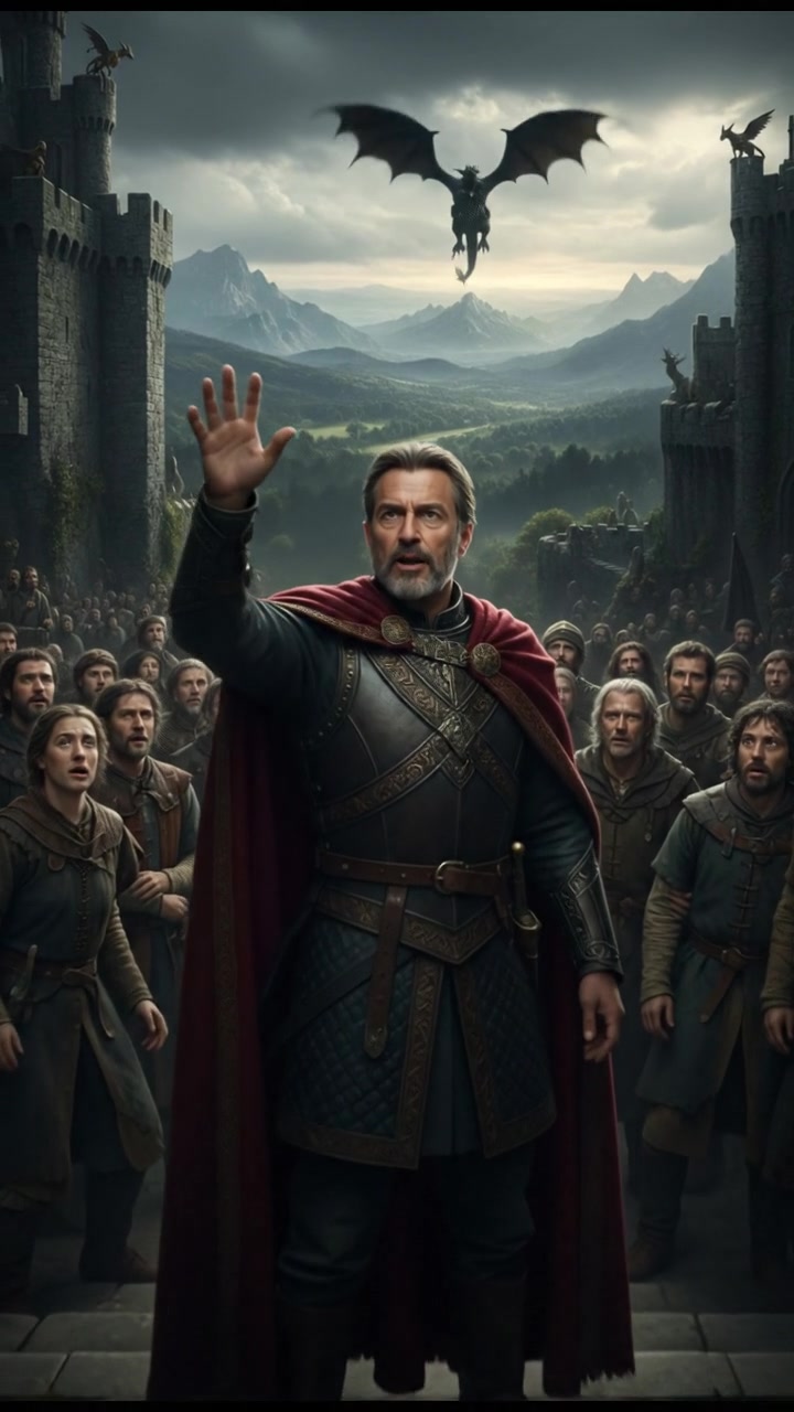 Omar standing with his hand raised, addressing the bewildered people around him, with confusion on their faces.