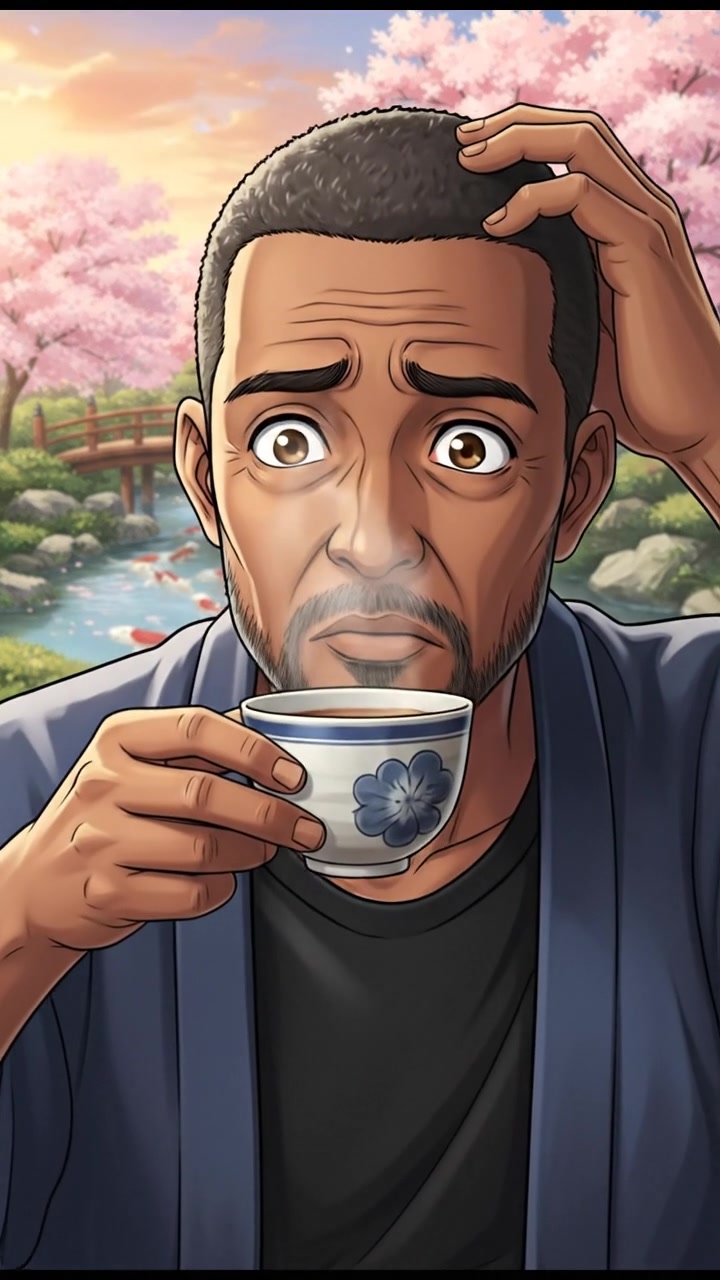 Kwame, sitting at a wooden table with a puzzled expression, a cup of tea in his hand.