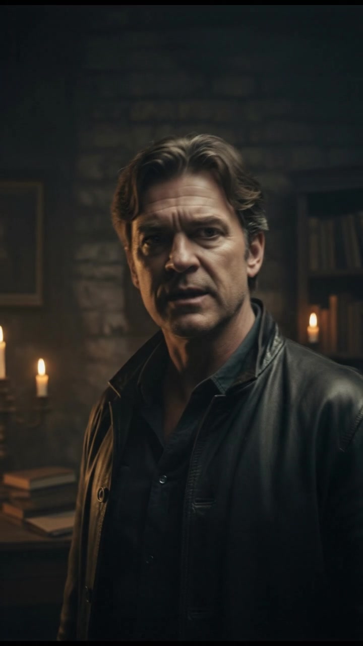 Mark standing in a dimly lit room, looking intently towards the camera as he asks, 'Looking for something?'