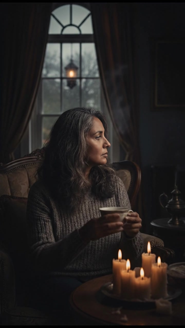 A close-up of Asha sitting in a cozy living room, holding a cup of tea, looking thoughtfully out the window.