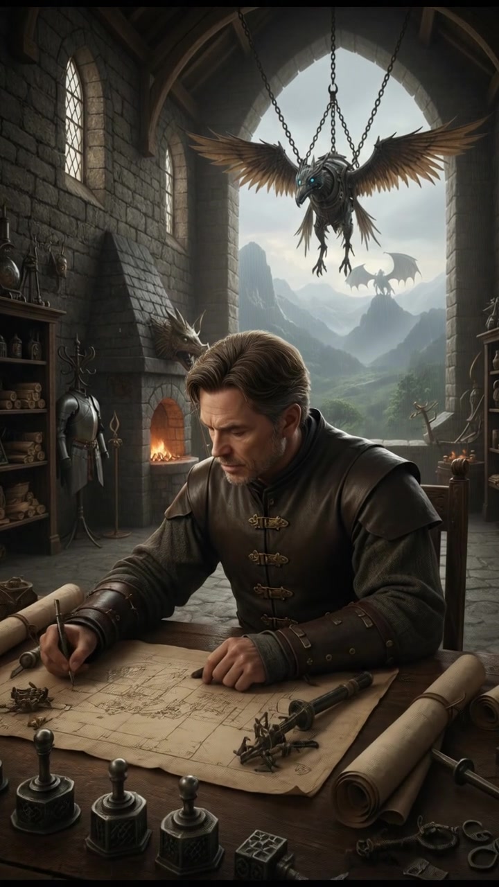 Mark working at a wooden desk, surrounded by blueprints and mechanical parts in a workshop.