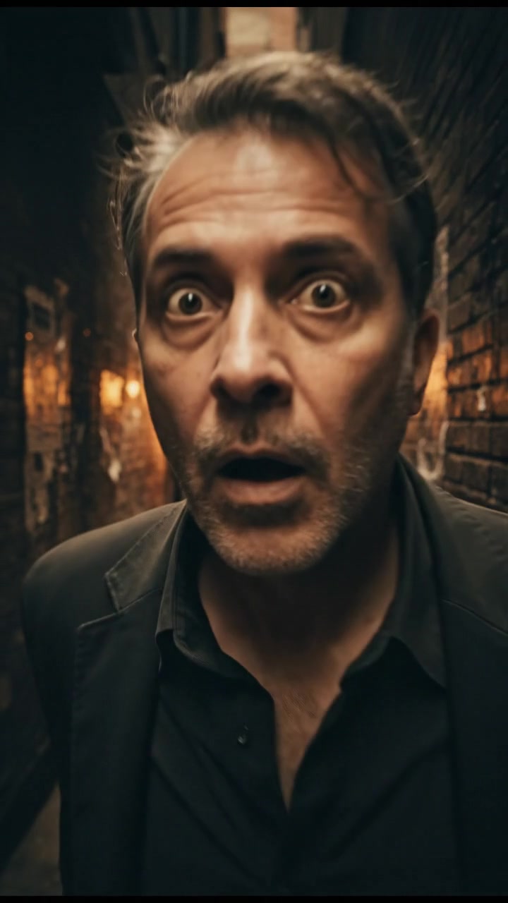 Omar standing in a dimly lit alley, close up, looking surprised with the alley walls behind him.