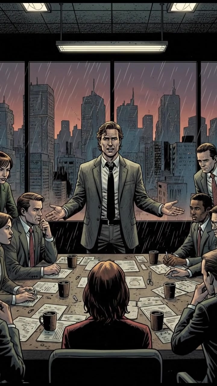 A wide shot of Mark in a conference room, discussing with colleagues around a table.