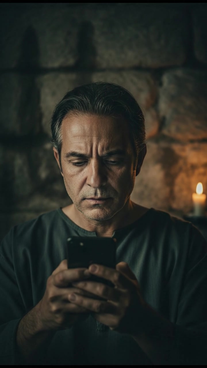 A close-up of Omar holding his phone, focused intently on the screen.