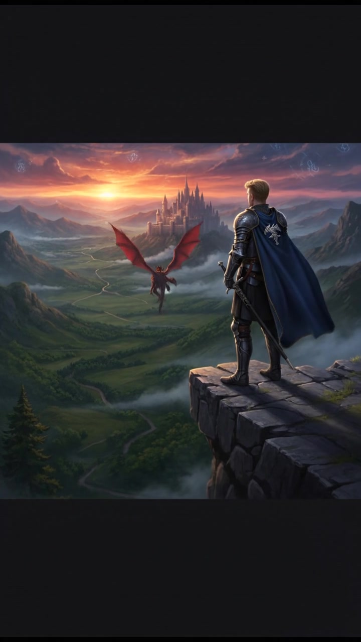 A panoramic view of a cliff's edge at sunset, with Ryan standing alone looking out at the horizon.