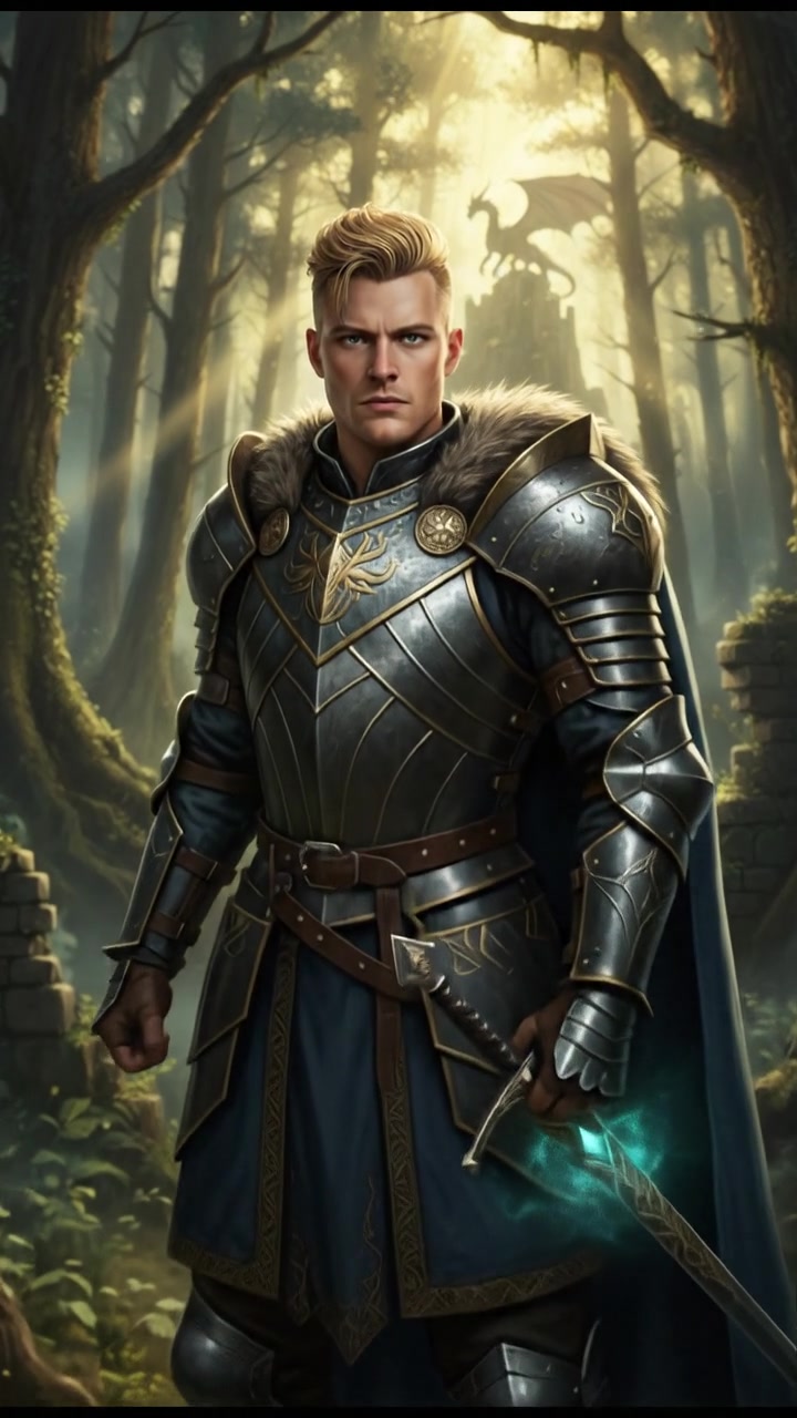 Ryan standing firm in a dense forest, rays of sunlight breaking through the trees illuminating his face.