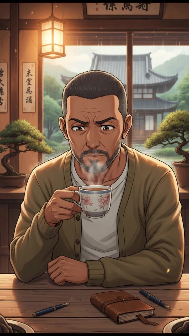 Kwame sitting at a wooden table, deep in thought with a cup of coffee beside him.