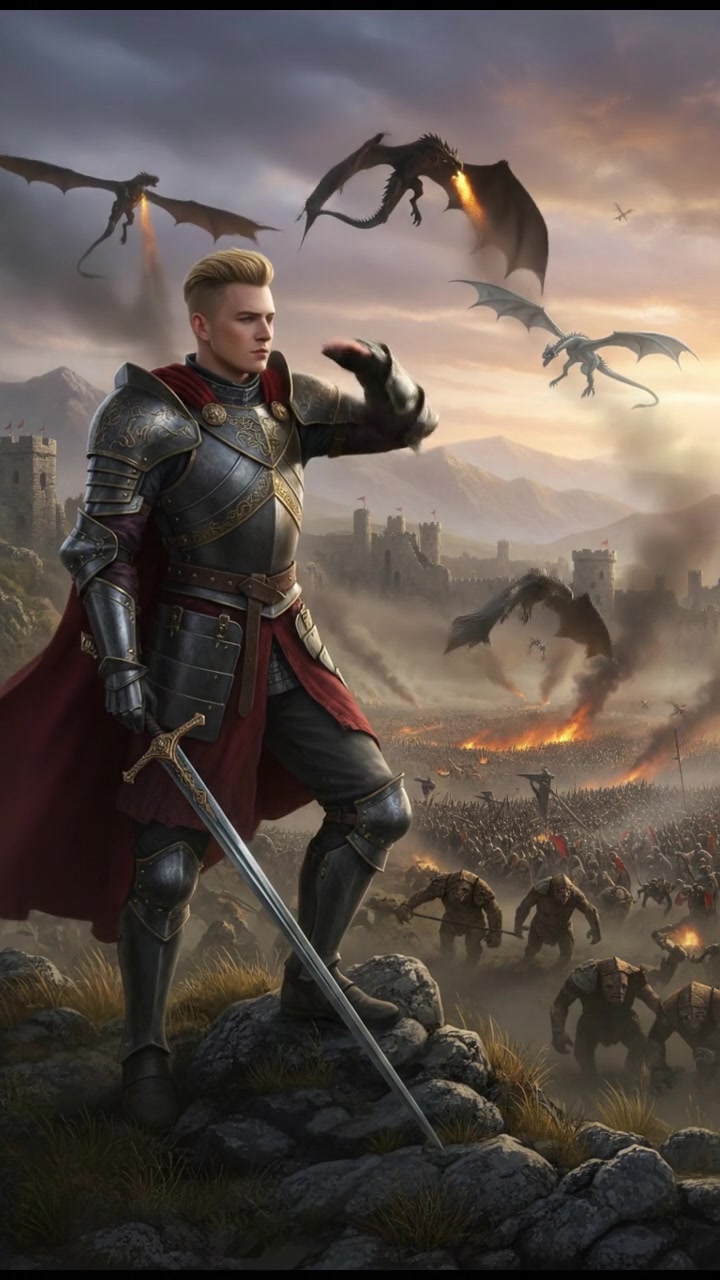 Ryan, wearing his knight armor, stands on a hilltop, gazing over the battlefield.