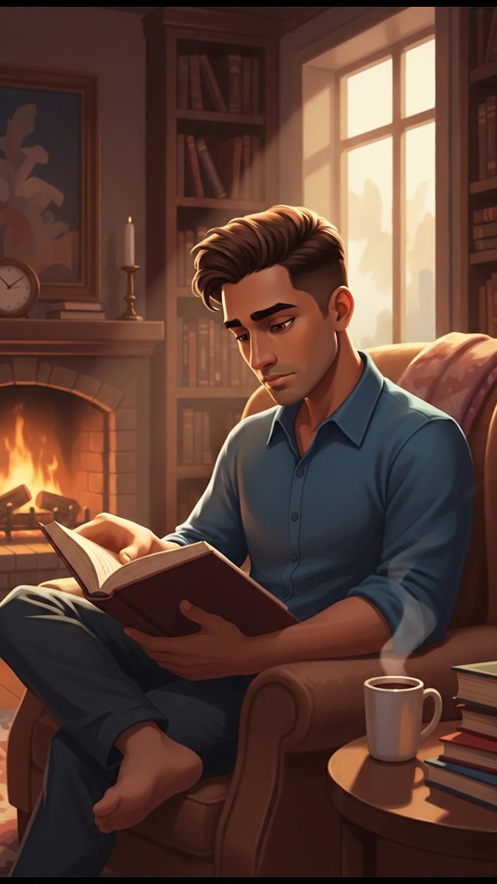 The Arjun sits in a cozy room, holding a book open on his lap, looking up as if in deep contemplation.