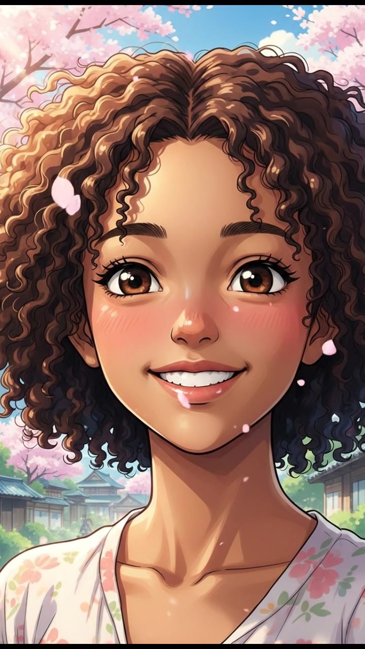 A close-up of Nia smiling beautifully, her curly hair gently framing her face.