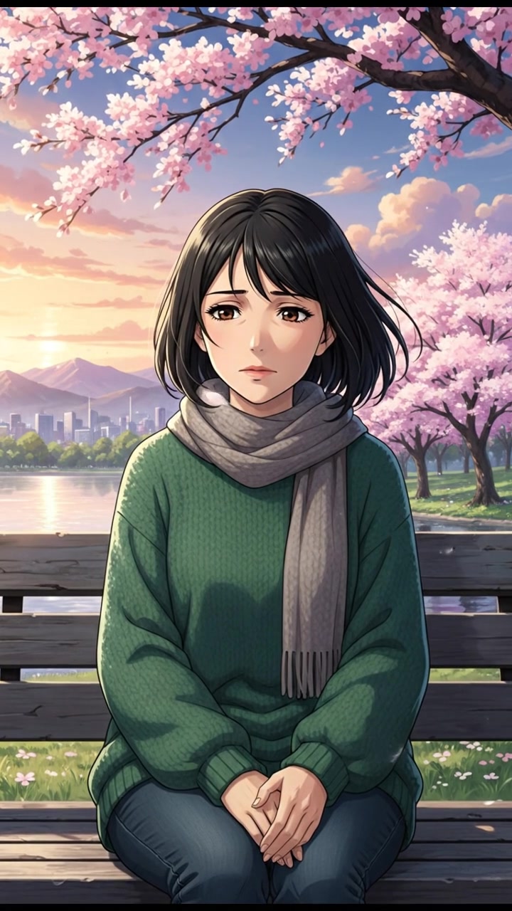 Li sitting on a park bench, looking thoughtfully into the distance with a tired expression.