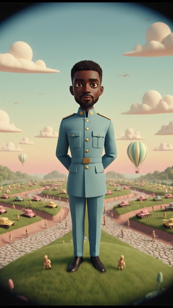 Isaiah standing bravely on a hilltop, gazing over a battlefield with a determined expression.