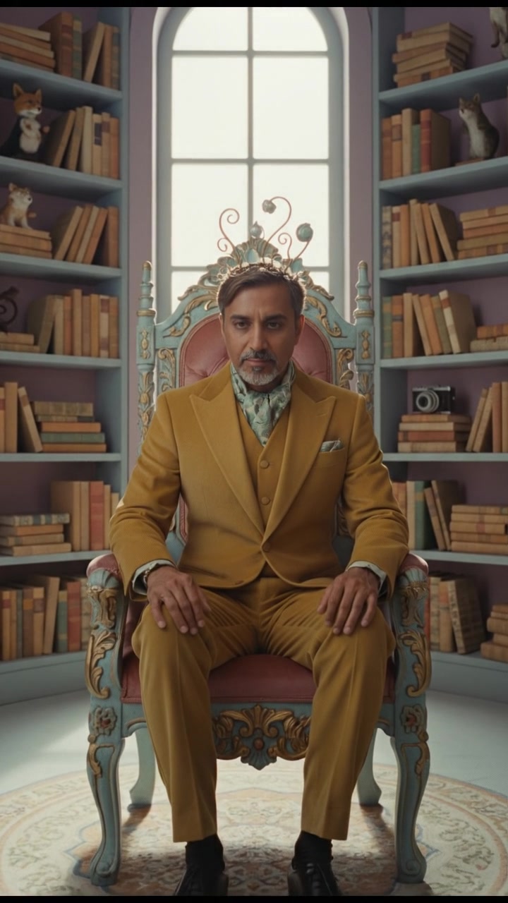 Raj sitting on a throne in a dimly lit chamber, with a contemplative expression.