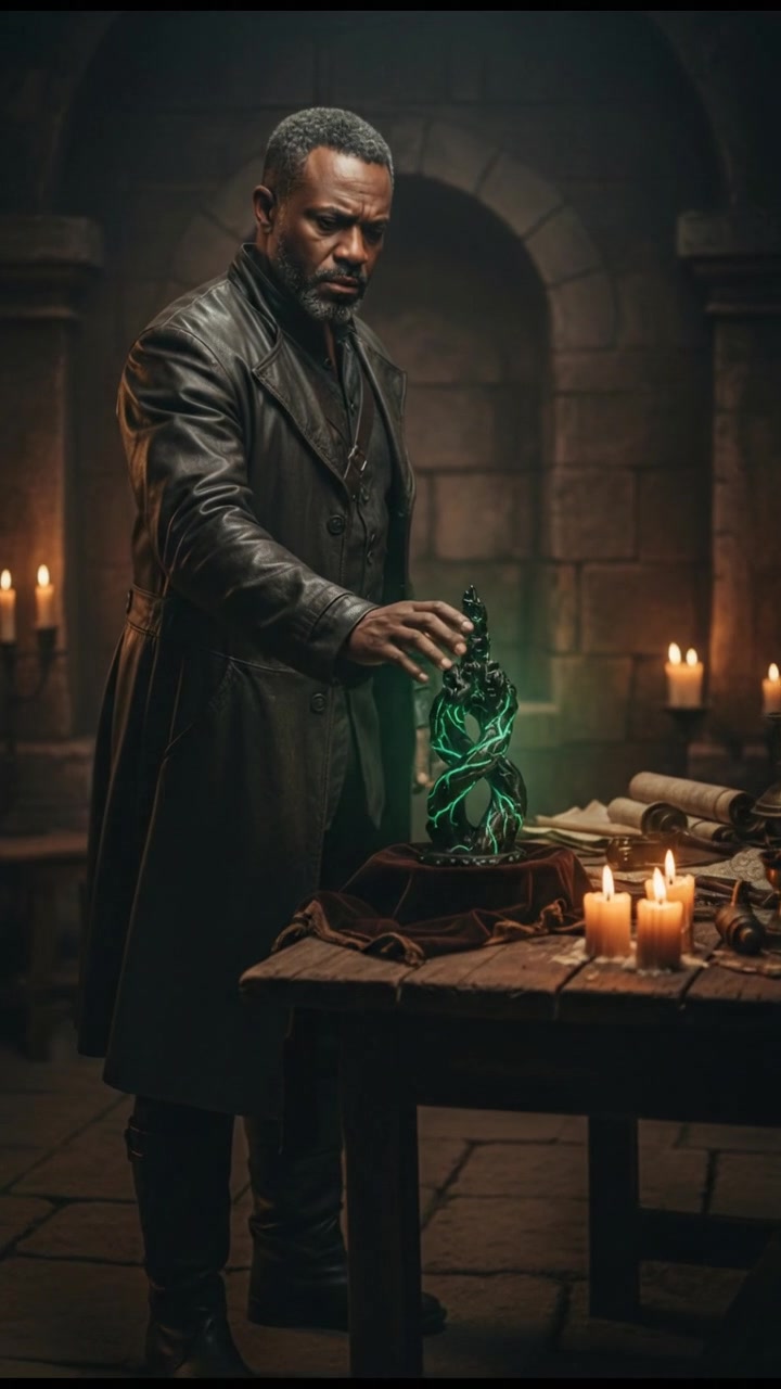 The Kwame stands in a dimly lit room, examining a mysterious artifact on a table, deep in thought.