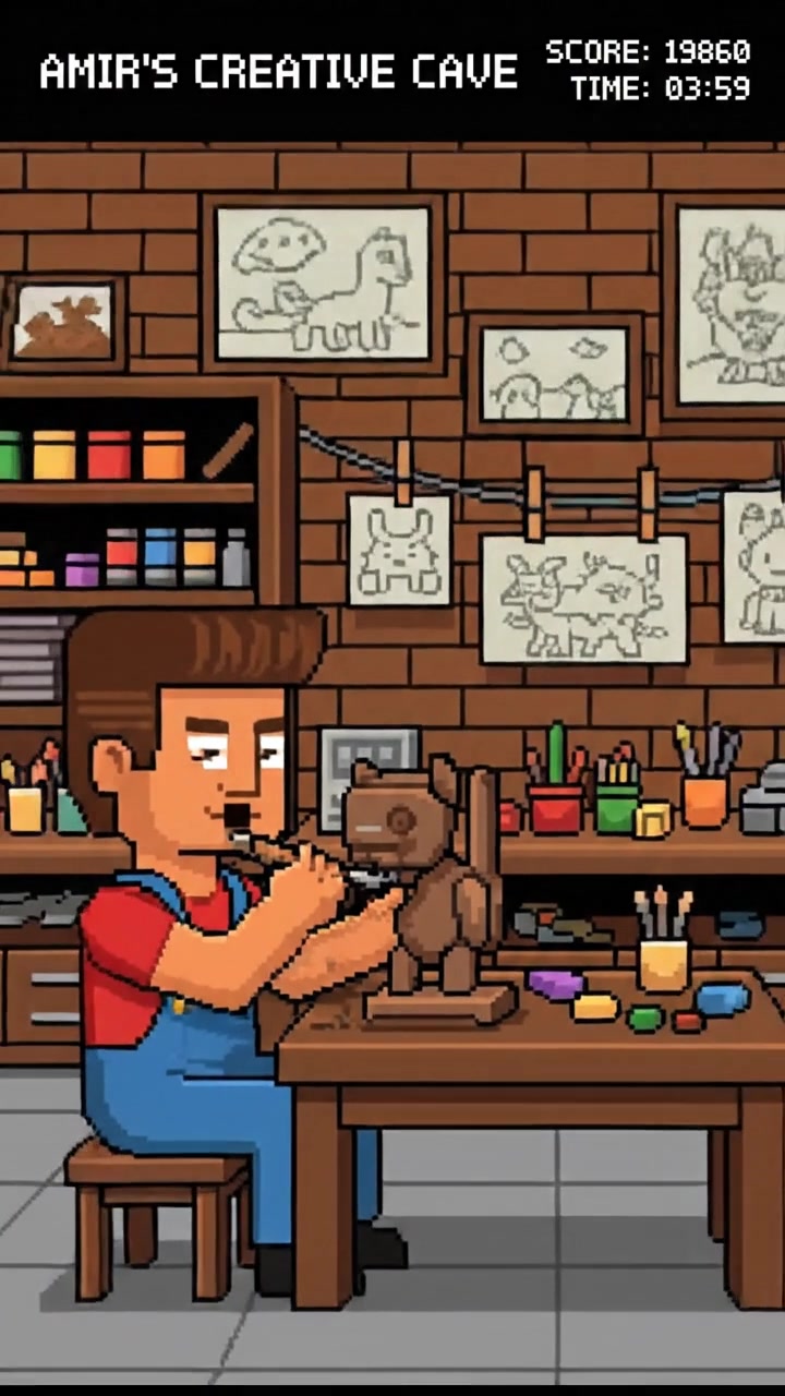 Amir in a cozy workshop, surrounded by art supplies, sketches hanging on the wall, focused on a sculpture.