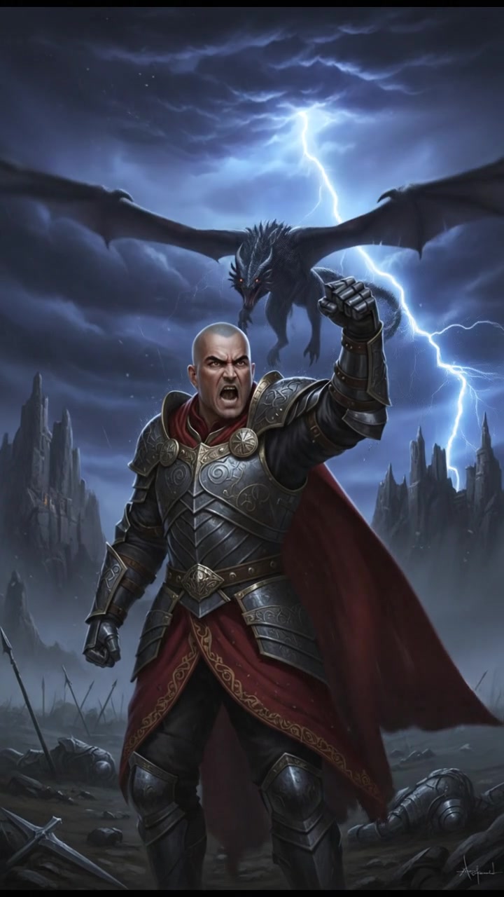 Carlos, with an angry expression, raises a fist in a dramatic pose amidst a stormy sky.