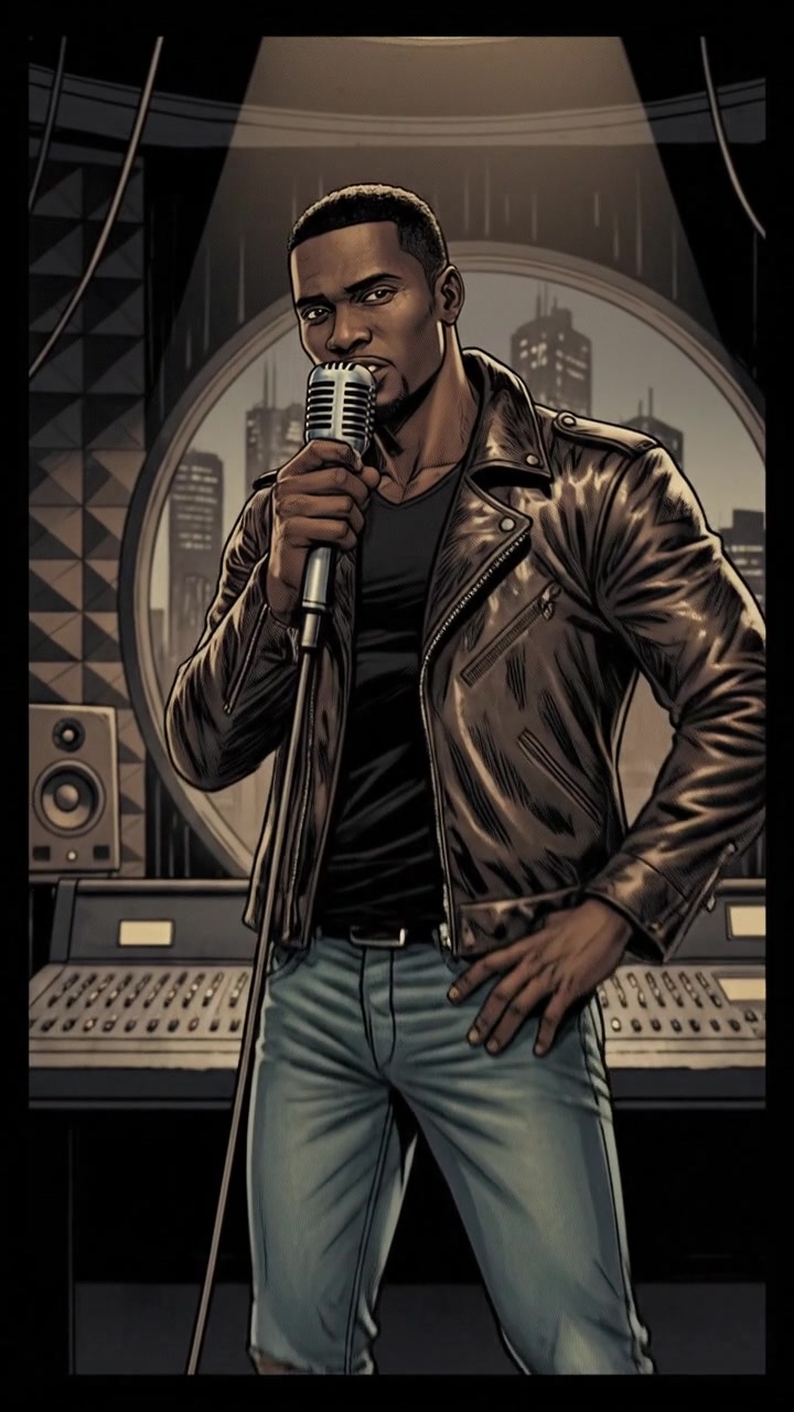 Isaiah posing confidently with a microphone in a recording studio.