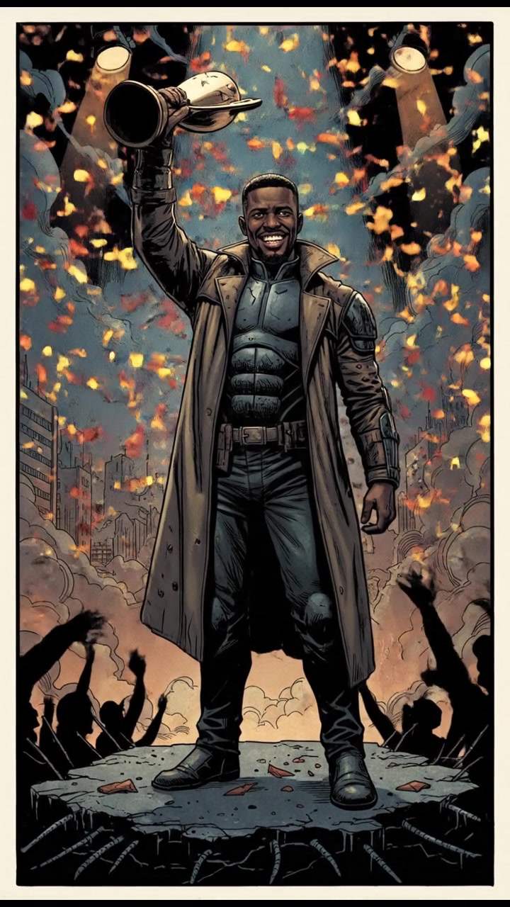 Isaiah on stage, holding a trophy while confetti falls around him.