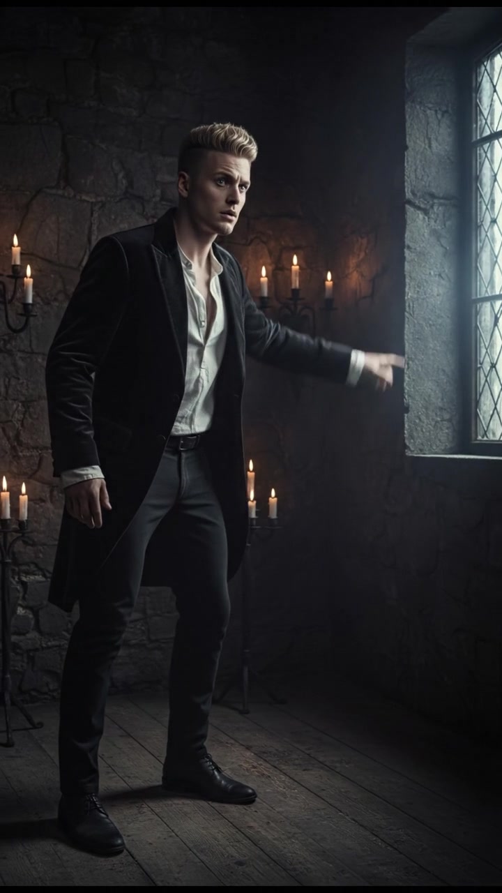 Ryan stands up, looking around the room, pointing towards an empty corner with a puzzled expression.