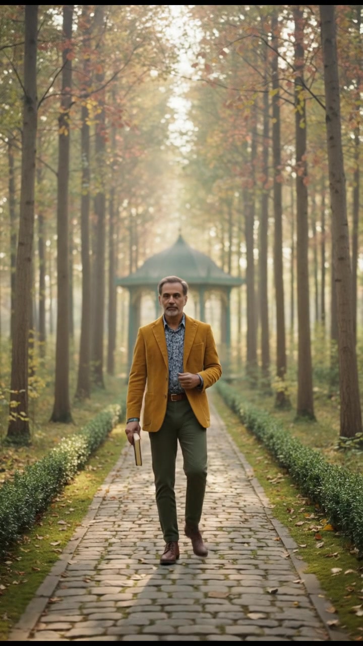 A serene forest pathway with Raj walking thoughtfully, surrounded by tall trees and soft light filtering through the leaves.