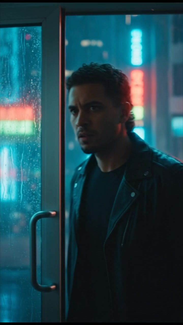 Mateo standing near the door, looking out cautiously, with a tense expression on his face.