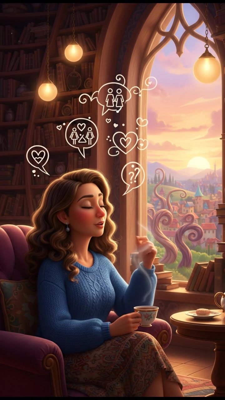 Dolores looking thoughtful, staring out the window as she provides insight into relationships.